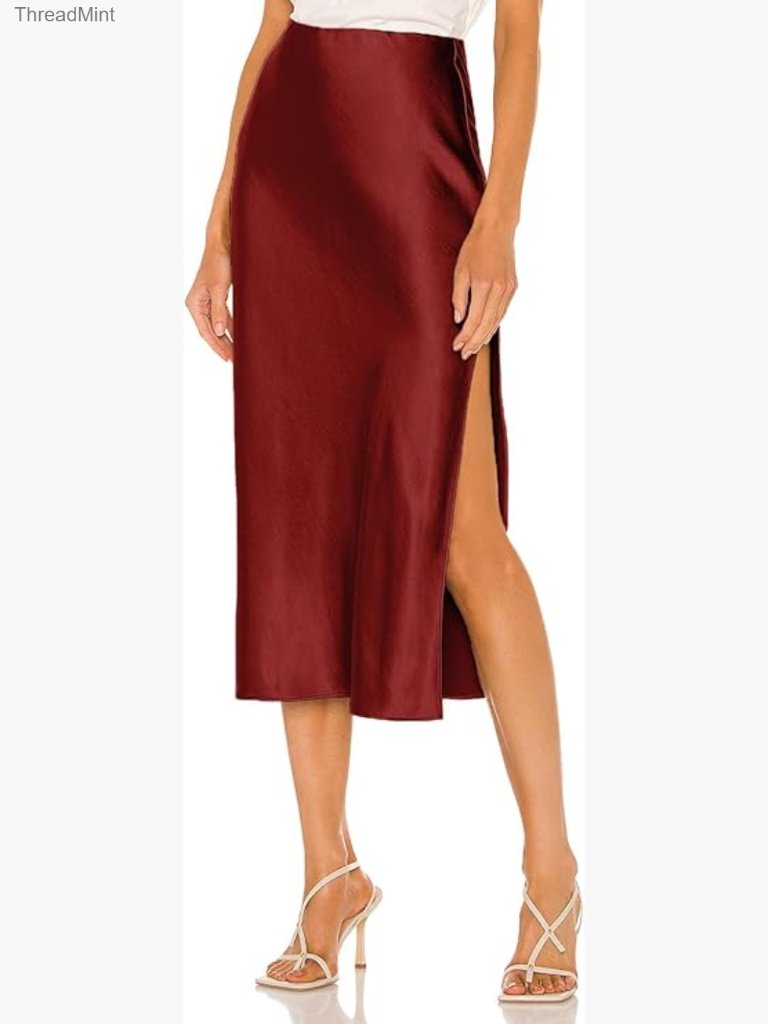 Women's High Waist Slit Midi Skirt Elastic Waistband Satin
